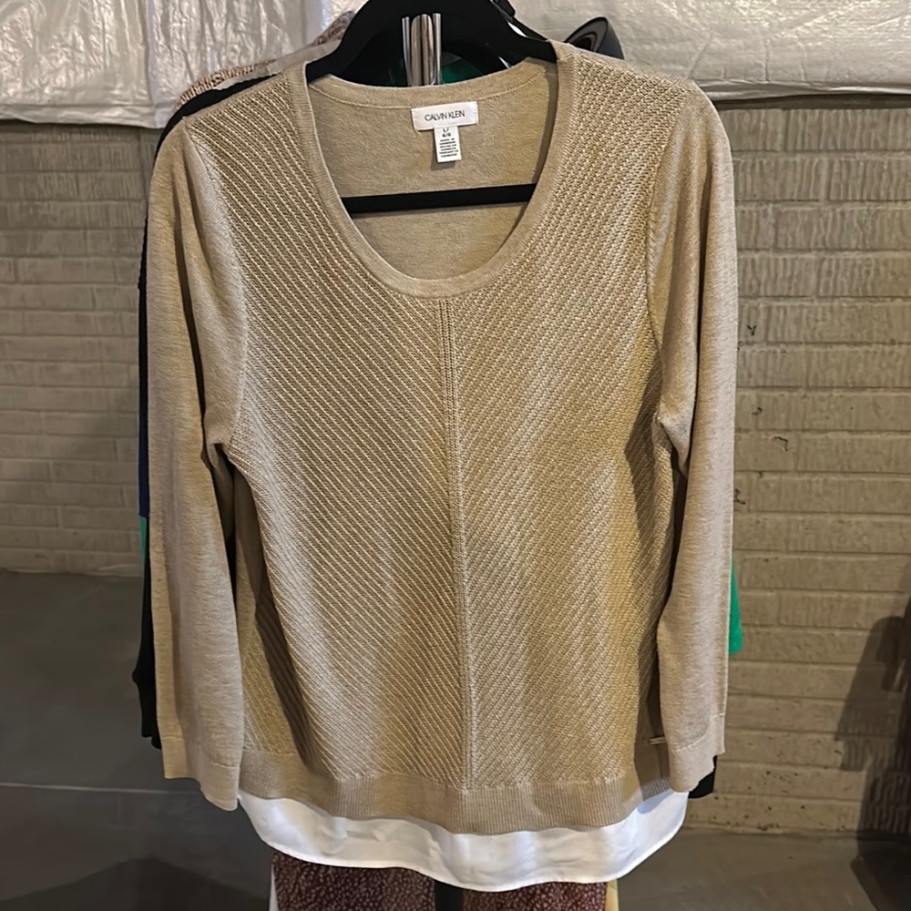 Calvin Klein Tan Crew Neck Sweater with Textured Knit